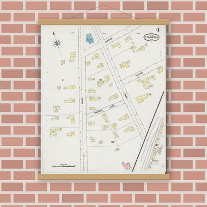 Old map wall art mockup — magnetic wood frame on brick wall — Sanborn Fire Insurance Map from East Hampton, Hampshire County, Massachusetts (1889), Sheet #0004