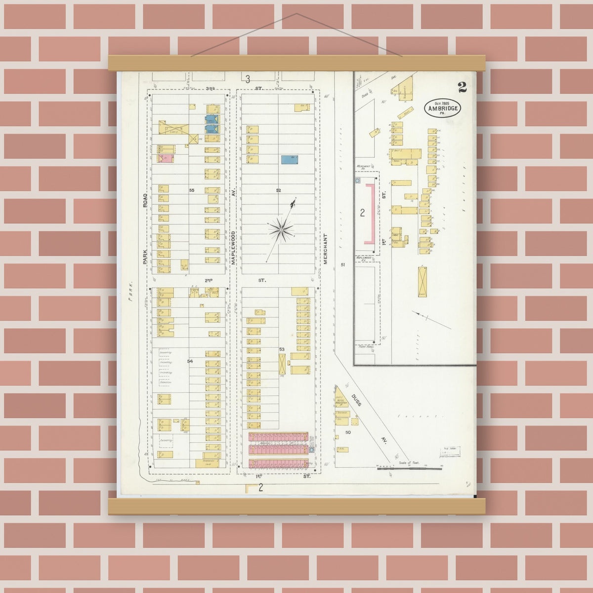 Old map wall art mockup — magnetic wood frame on brick wall — Sanborn Fire Insurance Map from Ambridge, Beaver County, Pennsylvania (1905), Sheet #0002
