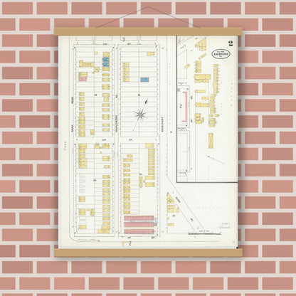 Old map wall art mockup — magnetic wood frame on brick wall — Sanborn Fire Insurance Map from Ambridge, Beaver County, Pennsylvania (1905), Sheet #0002