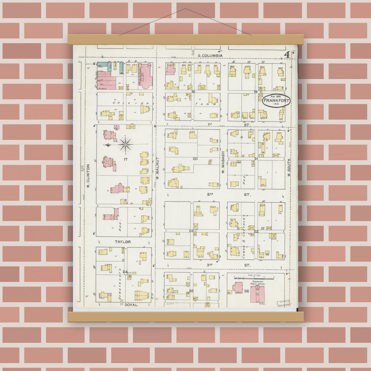 Old map wall art mockup — magnetic wood frame on brick wall — Sanborn Fire Insurance Map from Frankfort, Clinton County, Indiana (1892), Sheet #0004