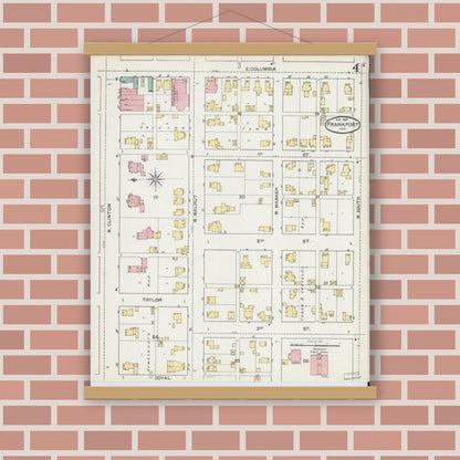 Old map wall art mockup — magnetic wood frame on brick wall — Sanborn Fire Insurance Map from Frankfort, Clinton County, Indiana (1892), Sheet #0004