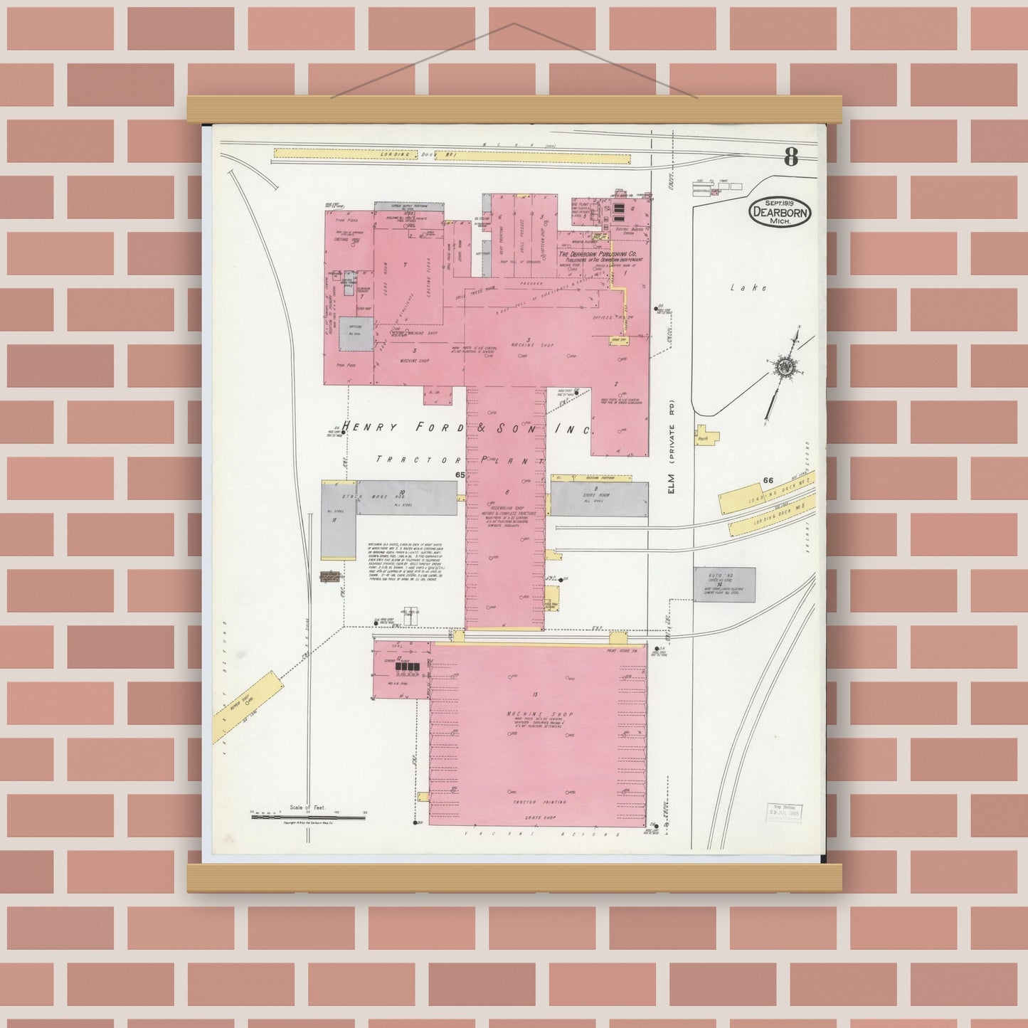 Old map wall art mockup — magnetic wood frame on brick wall — Sanborn Fire Insurance Map from Dearborn, Wayne County, Michigan (1919), Sheet #0008