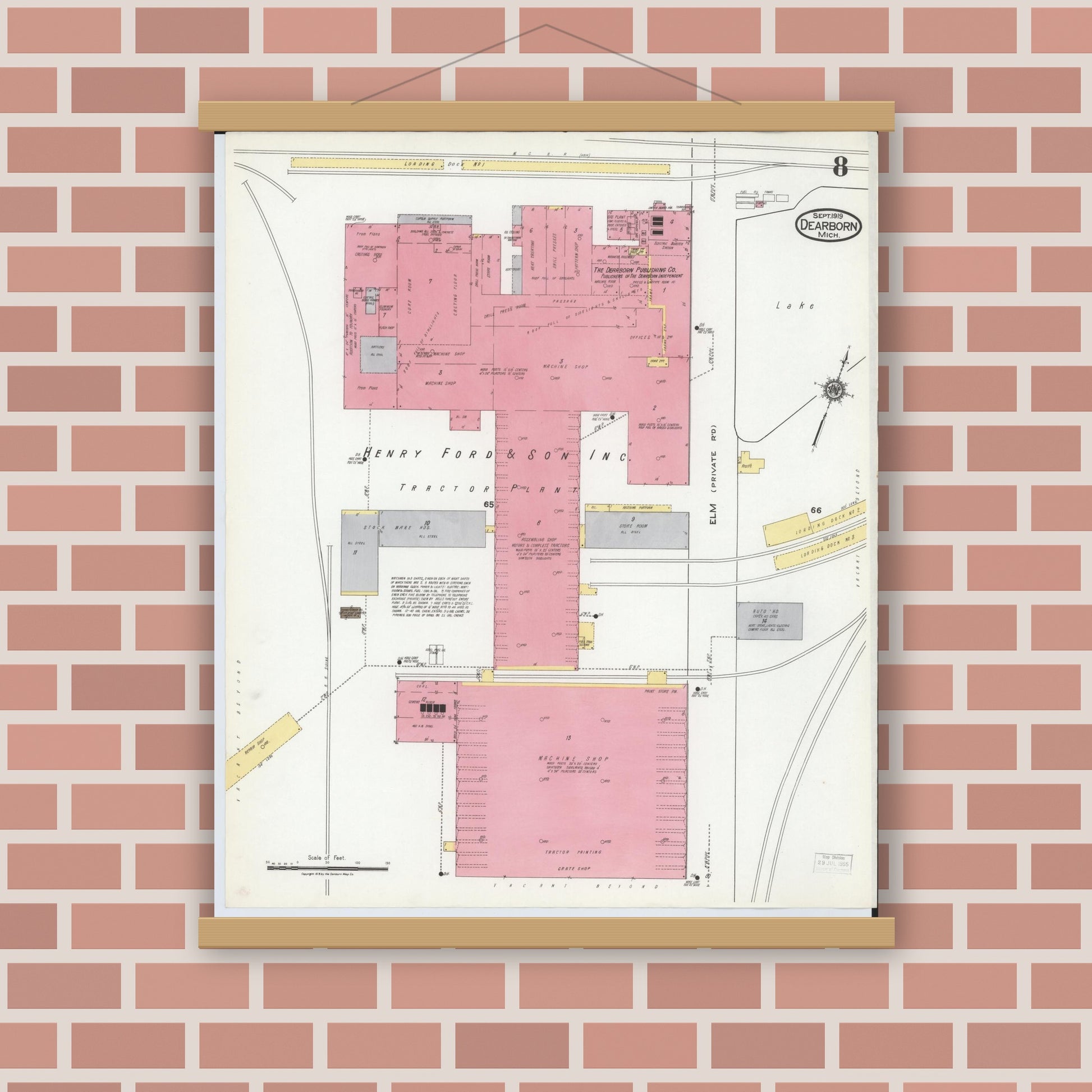 Old map wall art mockup — magnetic wood frame on brick wall — Sanborn Fire Insurance Map from Dearborn, Wayne County, Michigan (1919), Sheet #0008