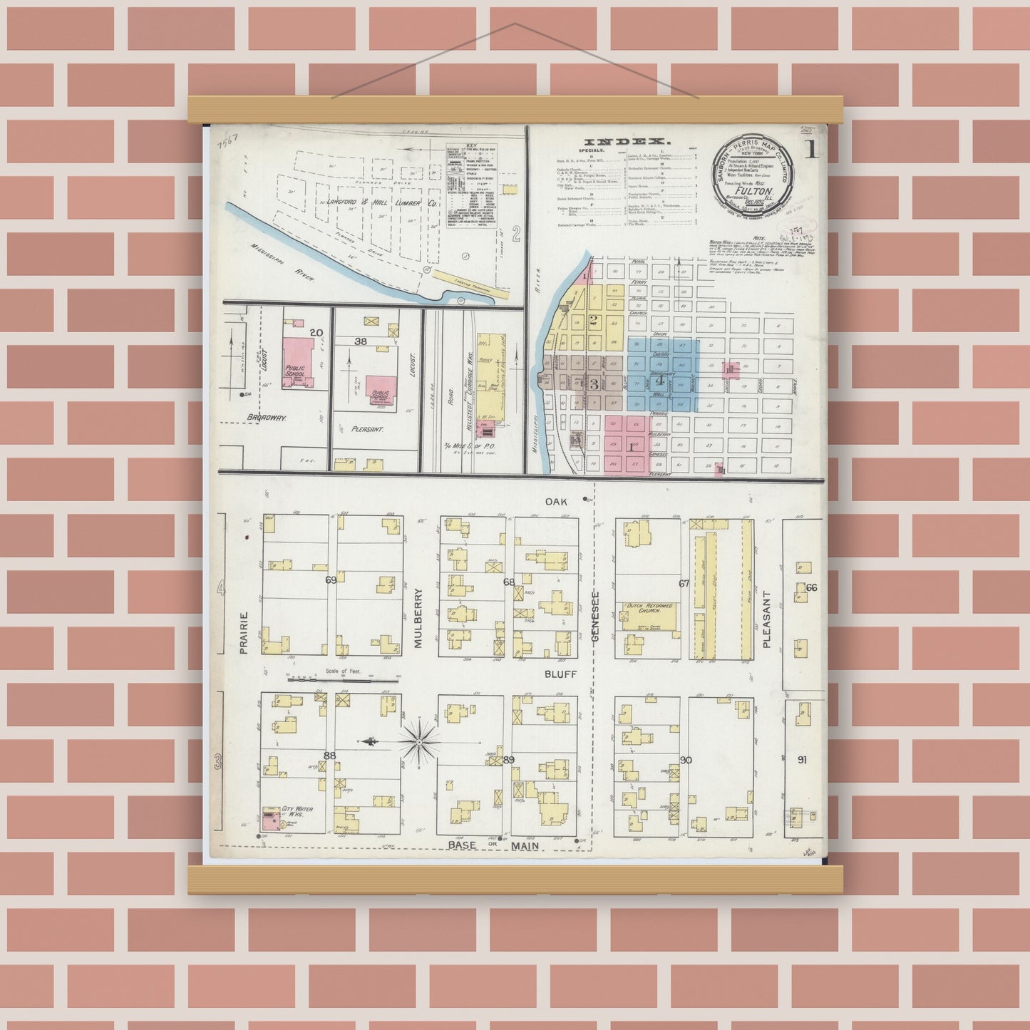 Old map wall art mockup — magnetic wood frame on brick wall — Sanborn Fire Insurance Map from Fulton, Whiteside County, Illinois (1892), Sheet #0001