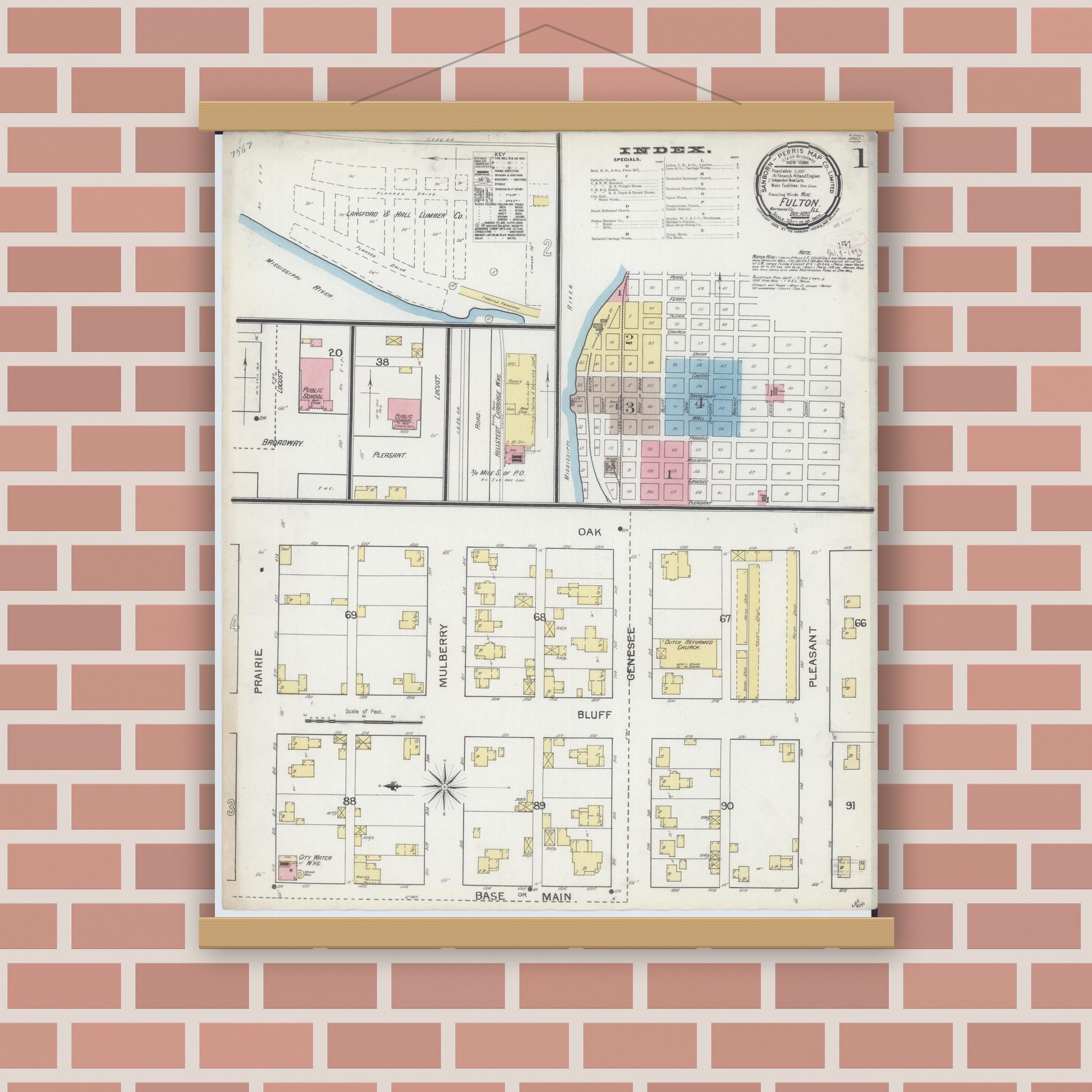 Old map wall art mockup — magnetic wood frame on brick wall — Sanborn Fire Insurance Map from Fulton, Whiteside County, Illinois (1892), Sheet #0001
