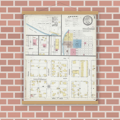 Old map wall art mockup — magnetic wood frame on brick wall — Sanborn Fire Insurance Map from Fulton, Whiteside County, Illinois (1892), Sheet #0001