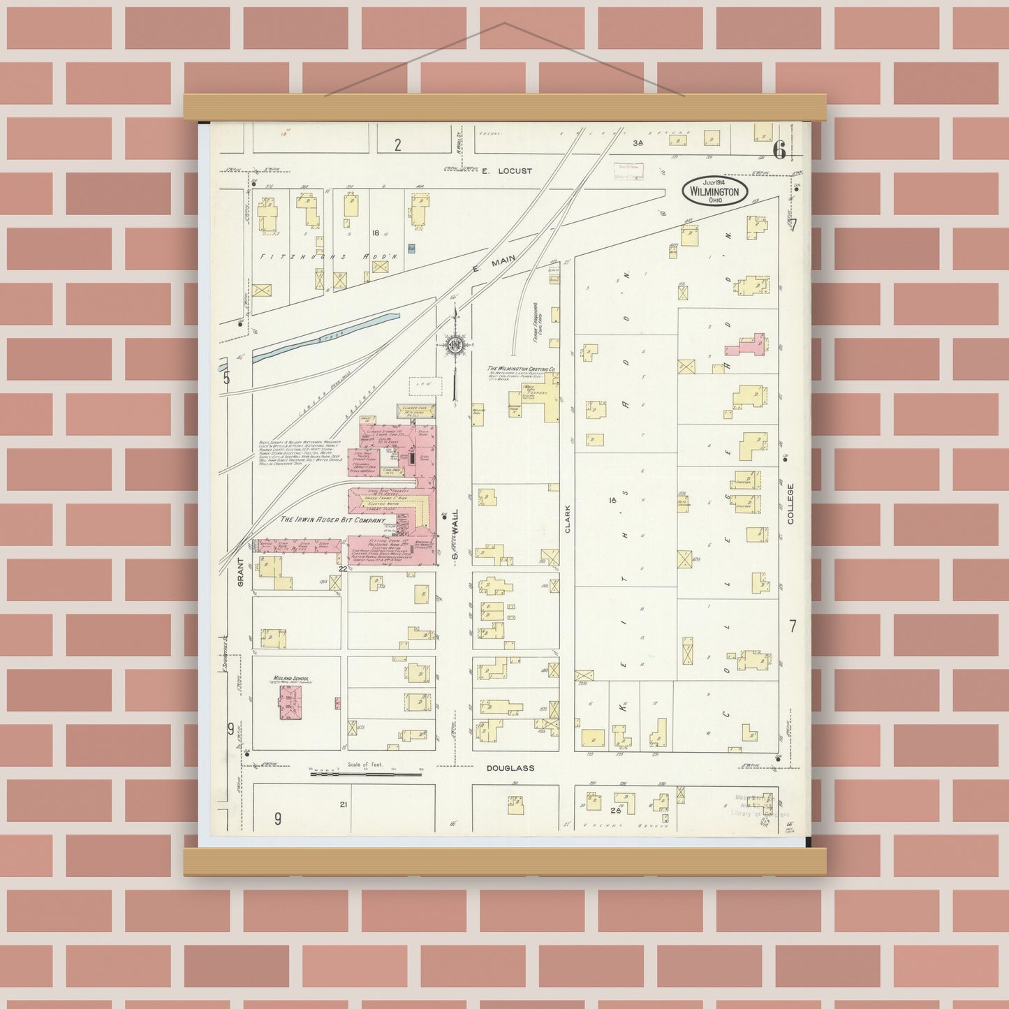 Old map wall art mockup — magnetic wood frame on brick wall — Sanborn Fire Insurance Map from Wilmington, Clinton County, Ohio (1914), Sheet #0006