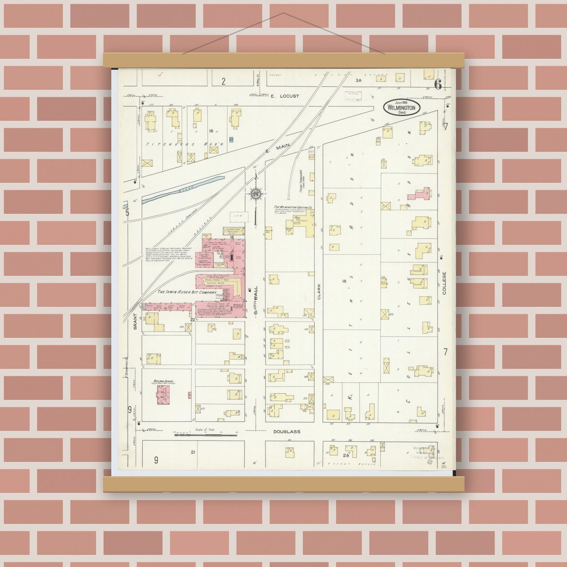 Old map wall art mockup — magnetic wood frame on brick wall — Sanborn Fire Insurance Map from Wilmington, Clinton County, Ohio (1914), Sheet #0006