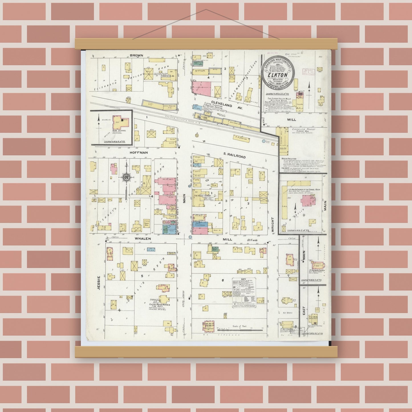 Old map wall art mockup — magnetic wood frame on brick wall — Sanborn Fire Insurance Map from Elkton, Huron County, Michigan (1909), Sheet #0001