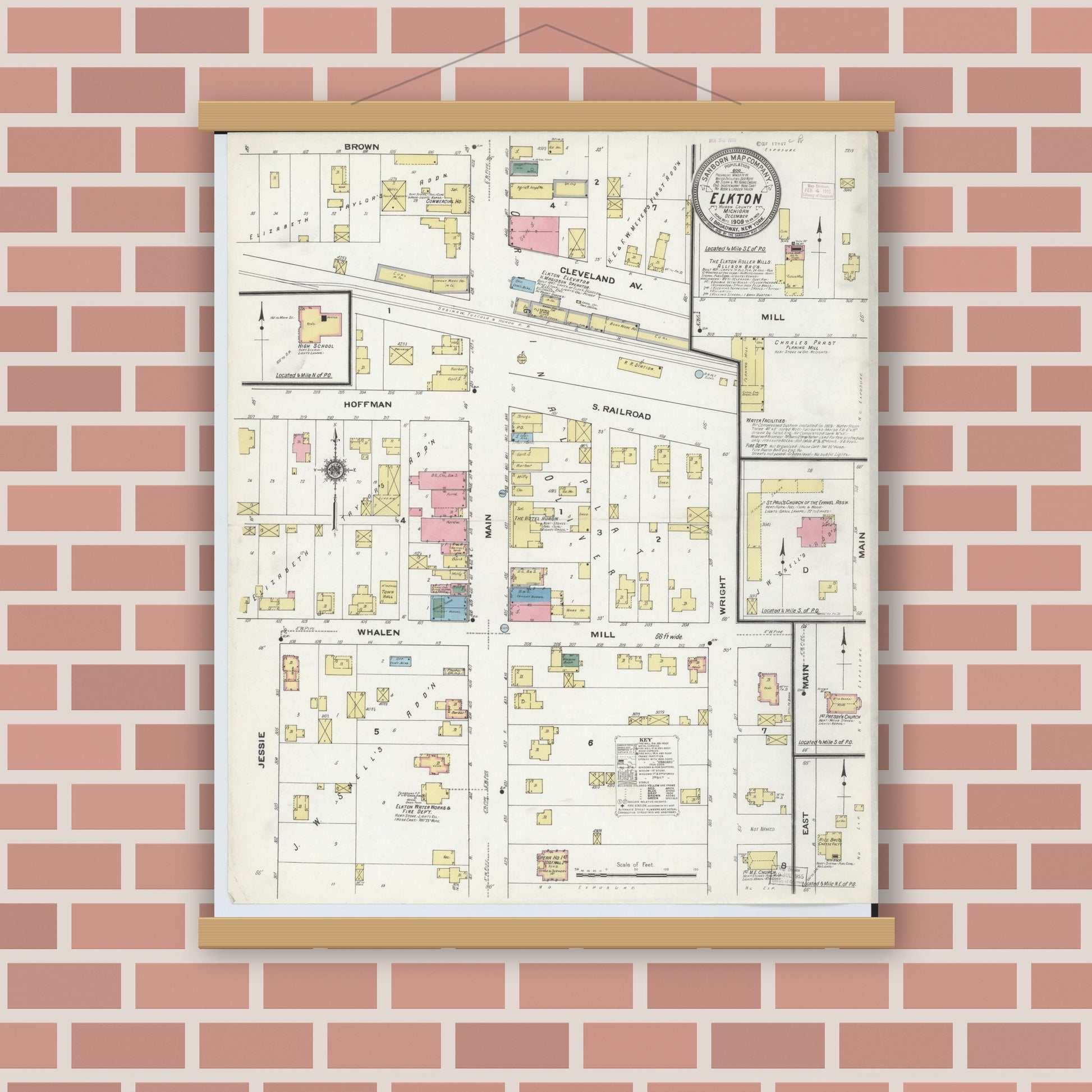 Old map wall art mockup — magnetic wood frame on brick wall — Sanborn Fire Insurance Map from Elkton, Huron County, Michigan (1909), Sheet #0001