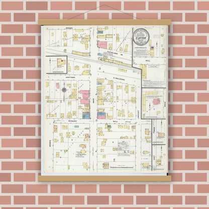 Old map wall art mockup — magnetic wood frame on brick wall — Sanborn Fire Insurance Map from Elkton, Huron County, Michigan (1909), Sheet #0001