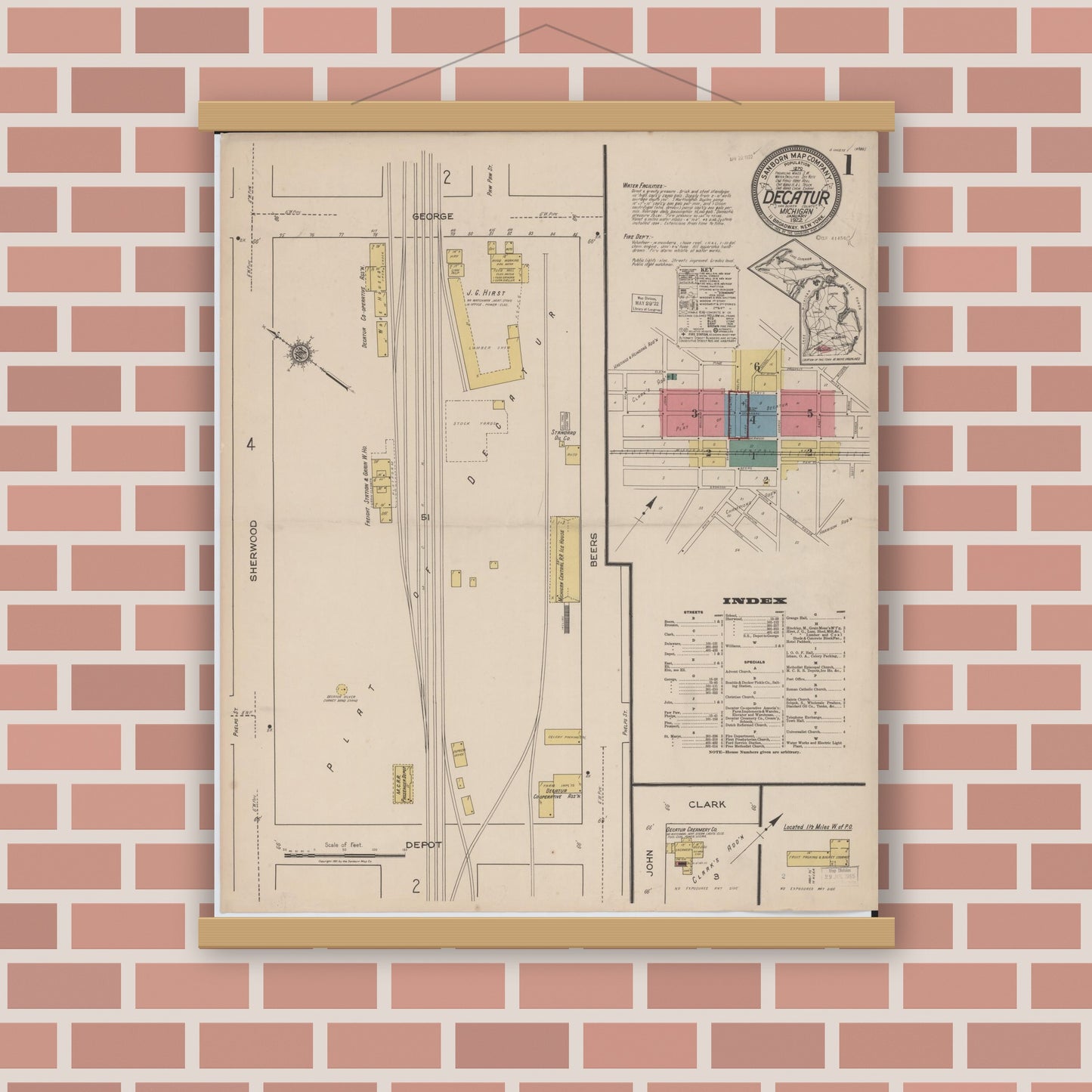 Old map wall art mockup — magnetic wood frame on brick wall — Sanborn Fire Insurance Map from Decatur, Van Buren County, Michigan (1922) - Complete Map Set