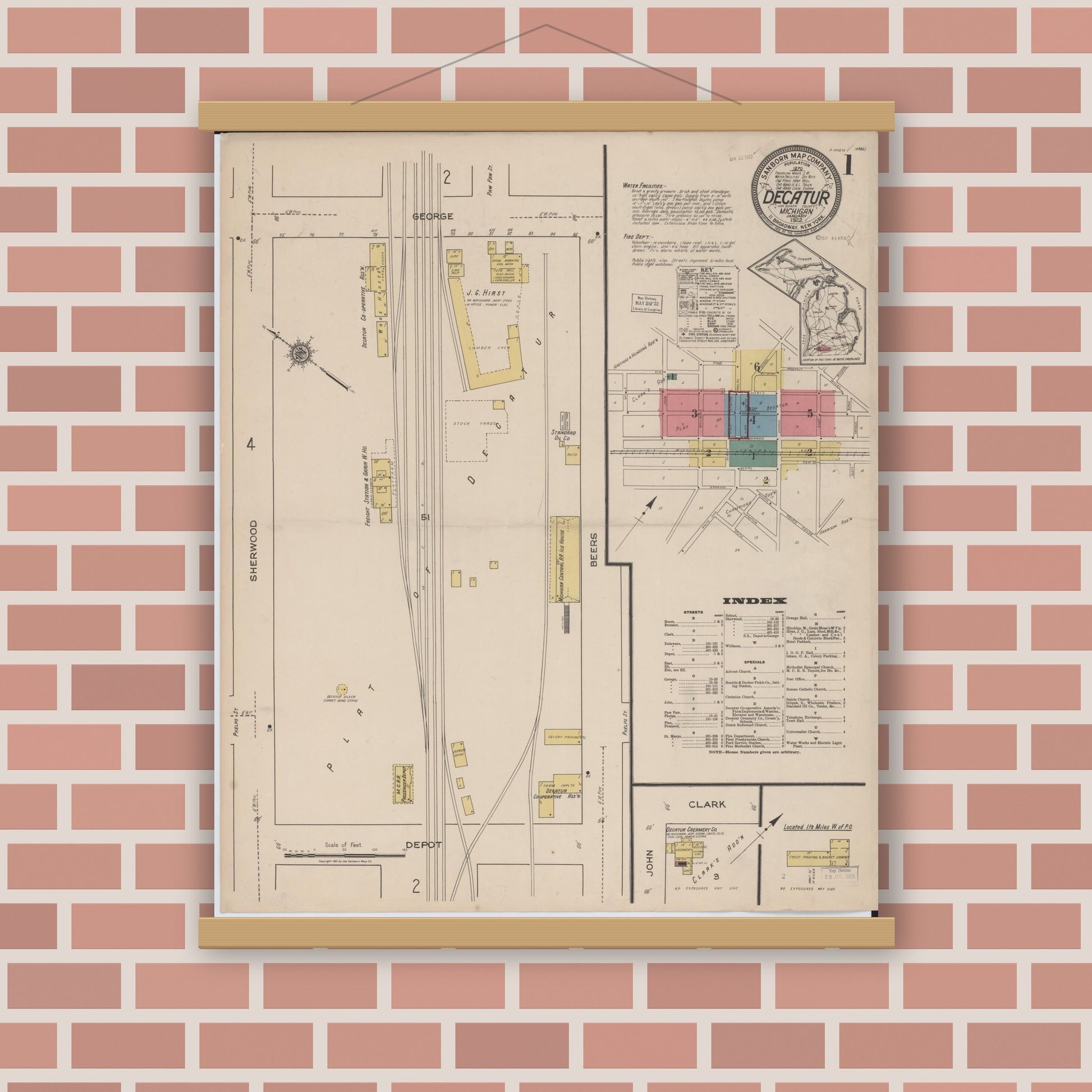 Old map wall art mockup — magnetic wood frame on brick wall — Sanborn Fire Insurance Map from Decatur, Van Buren County, Michigan (1922) - Complete Map Set