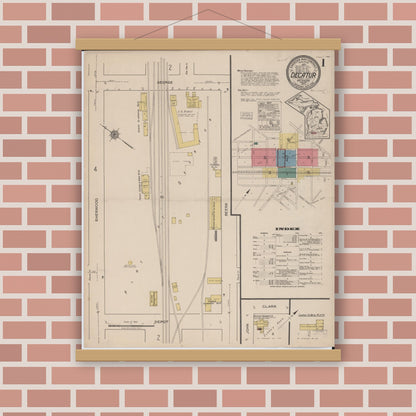 Old map wall art mockup — magnetic wood frame on brick wall — Sanborn Fire Insurance Map from Decatur, Van Buren County, Michigan (1922) - Complete Map Set