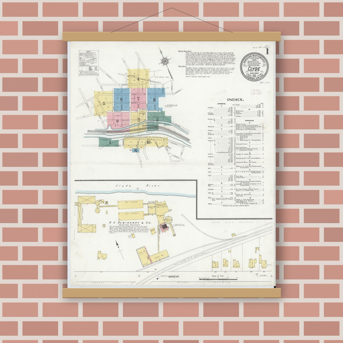 Old map wall art mockup — magnetic wood frame on brick wall — Sanborn Fire Insurance Map from Clyde, Wayne County, New York (1912) - Complete Map Set