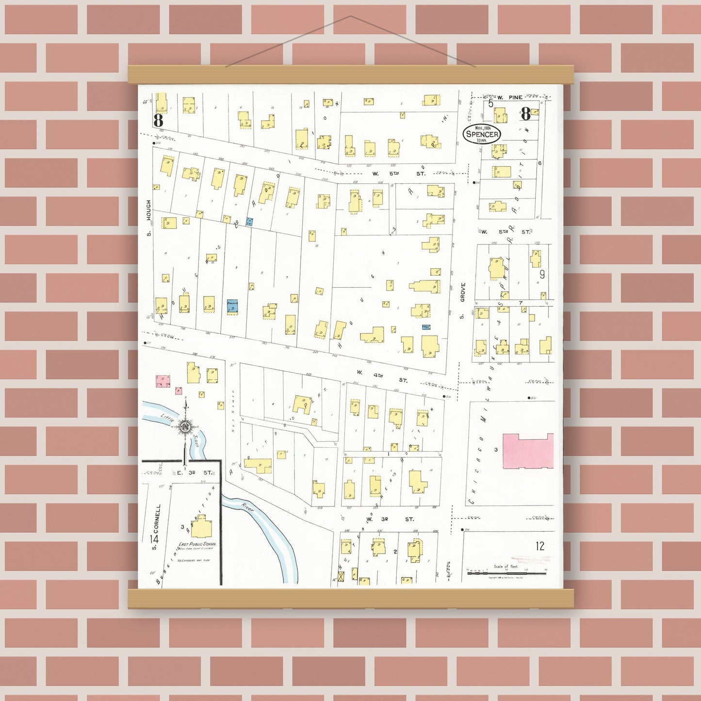Old map wall art mockup — magnetic wood frame on brick wall — Sanborn Fire Insurance Map from Spencer, Clay County, Iowa (1924), Sheet #0008