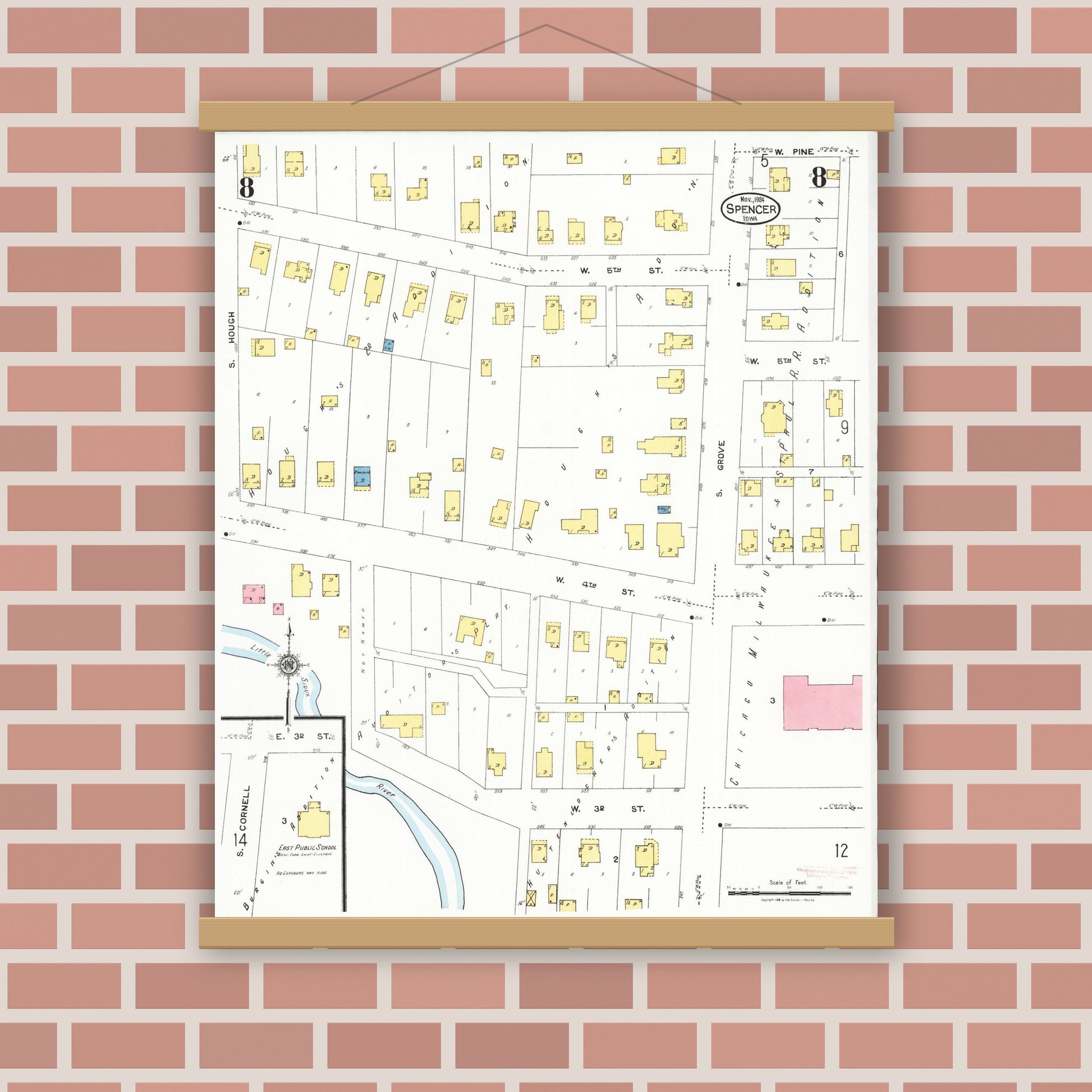 Old map wall art mockup — magnetic wood frame on brick wall — Sanborn Fire Insurance Map from Spencer, Clay County, Iowa (1924), Sheet #0008