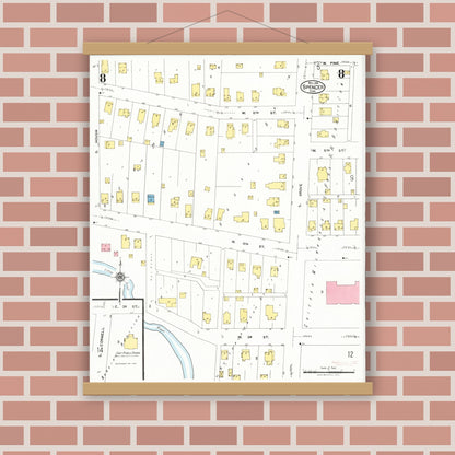 Old map wall art mockup — magnetic wood frame on brick wall — Sanborn Fire Insurance Map from Spencer, Clay County, Iowa (1924), Sheet #0008