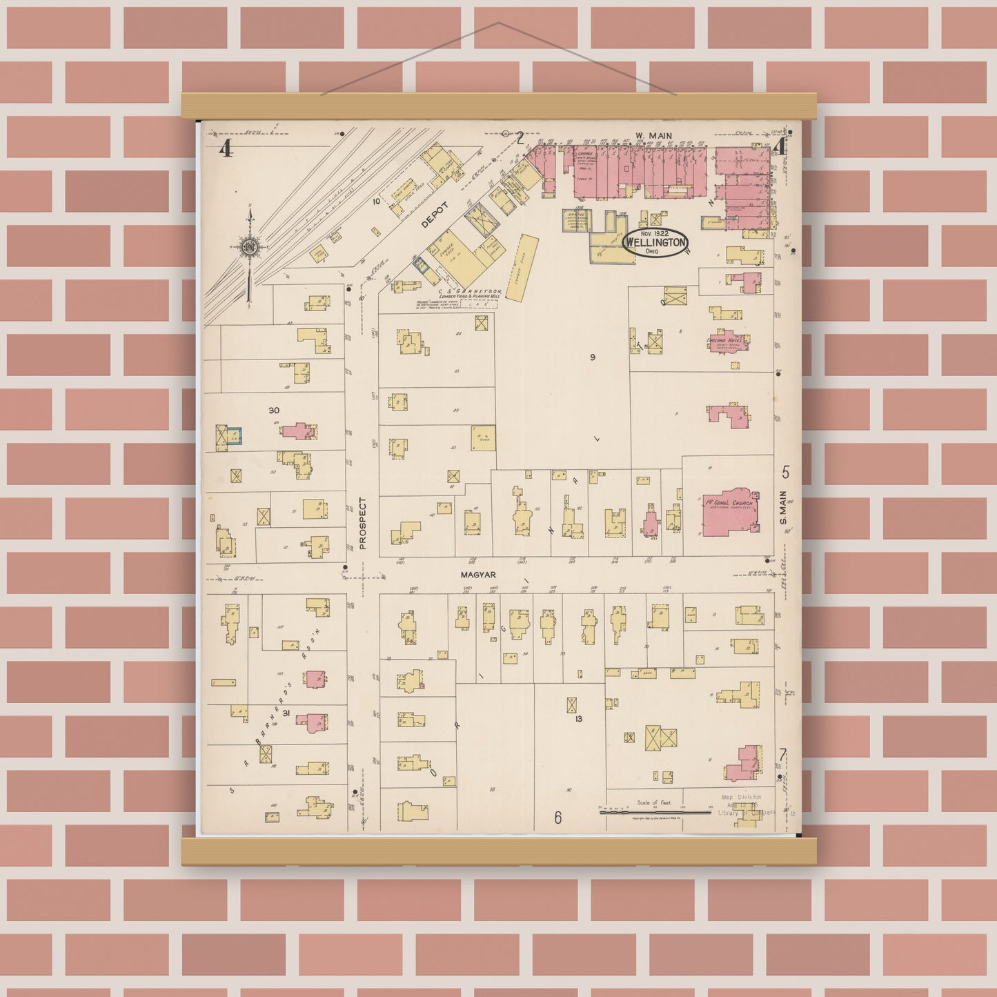 Old map wall art mockup — magnetic wood frame on brick wall — Sanborn Fire Insurance Map from Wellington, Lorain County, Ohio (1922), Sheet #0004
