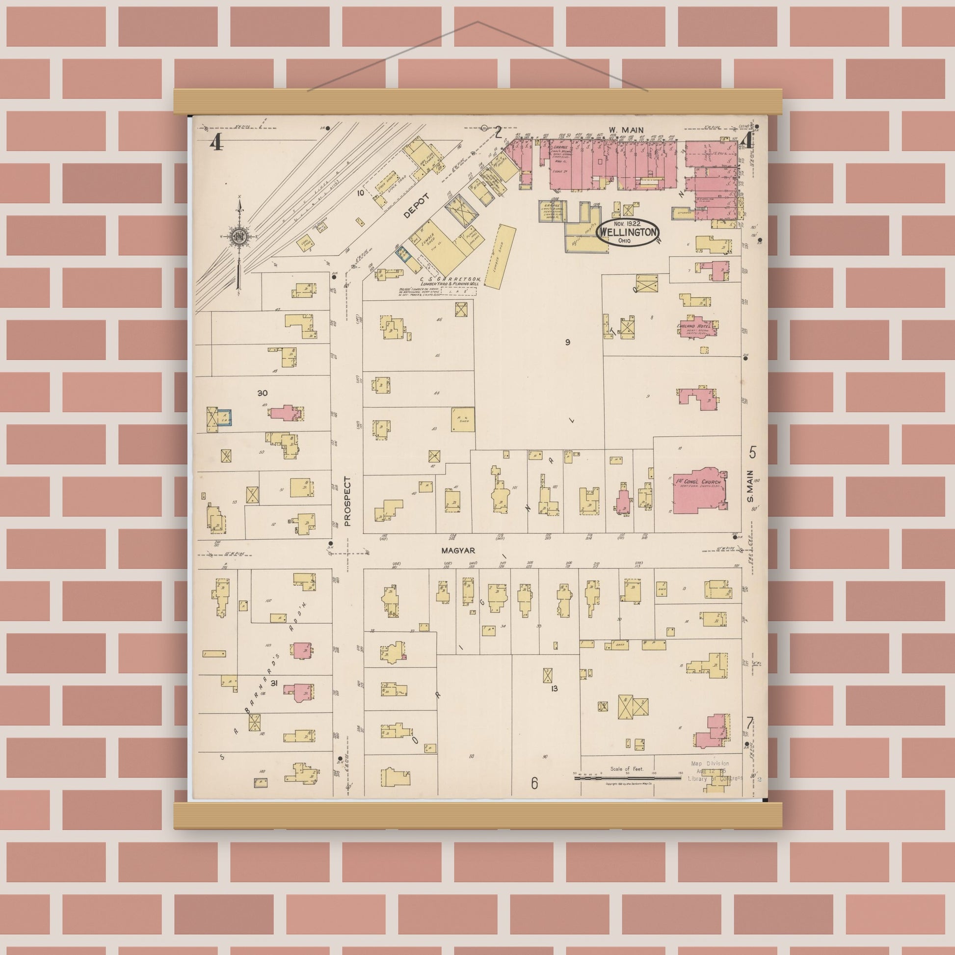 Old map wall art mockup — magnetic wood frame on brick wall — Sanborn Fire Insurance Map from Wellington, Lorain County, Ohio (1922), Sheet #0004