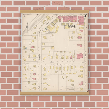 Old map wall art mockup — magnetic wood frame on brick wall — Sanborn Fire Insurance Map from Wellington, Lorain County, Ohio (1922), Sheet #0004