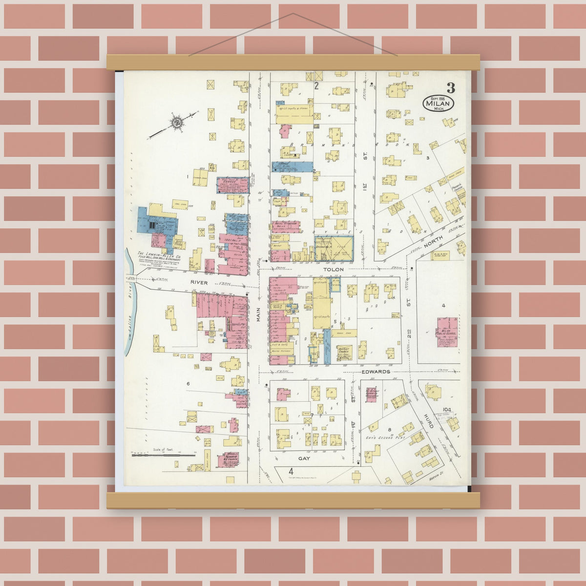 Old map wall art mockup — magnetic wood frame on brick wall — Sanborn Fire Insurance Map from Milan, Washtenaw And Monroe Counties, Michigan (1916), Sheet #0003