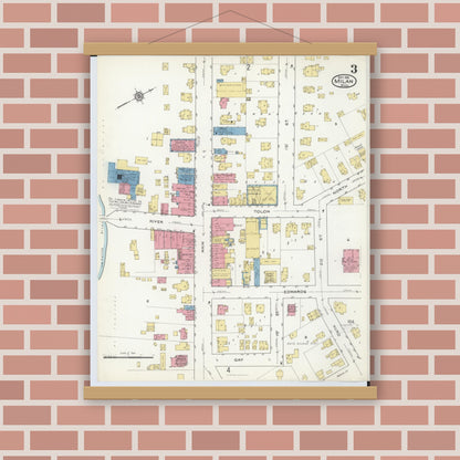 Old map wall art mockup — magnetic wood frame on brick wall — Sanborn Fire Insurance Map from Milan, Washtenaw And Monroe Counties, Michigan (1916), Sheet #0003