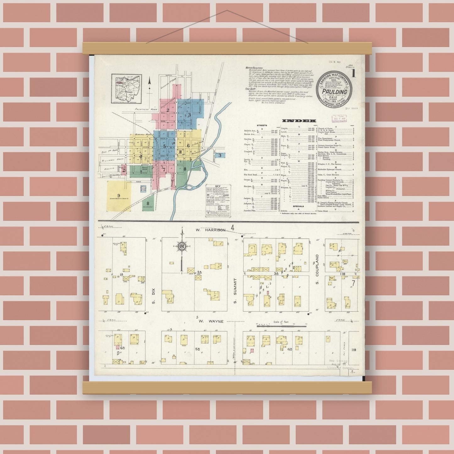 Old map wall art mockup — magnetic wood frame on brick wall — Sanborn Fire Insurance Map from Paulding, Paulding County, Ohio (1913) - Complete Map Set