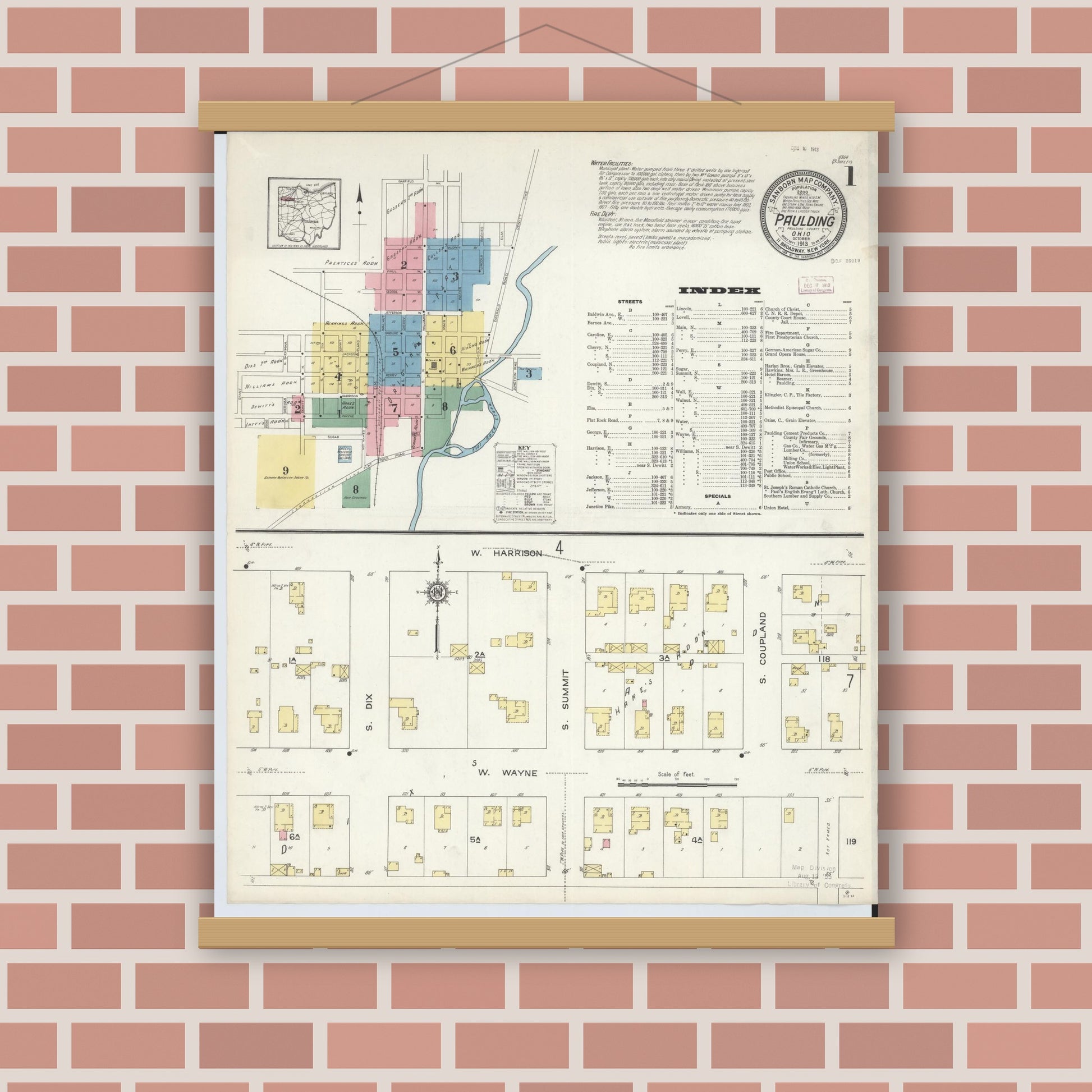 Old map wall art mockup — magnetic wood frame on brick wall — Sanborn Fire Insurance Map from Paulding, Paulding County, Ohio (1913) - Complete Map Set