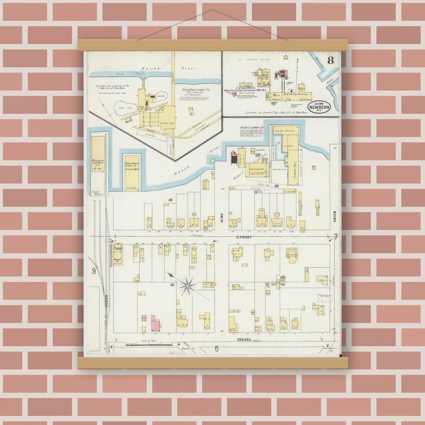 Old map wall art mockup — magnetic wood frame on brick wall — Sanborn Fire Insurance Map from New Bern, Craven County, North Carolina (1898), Sheet #0008