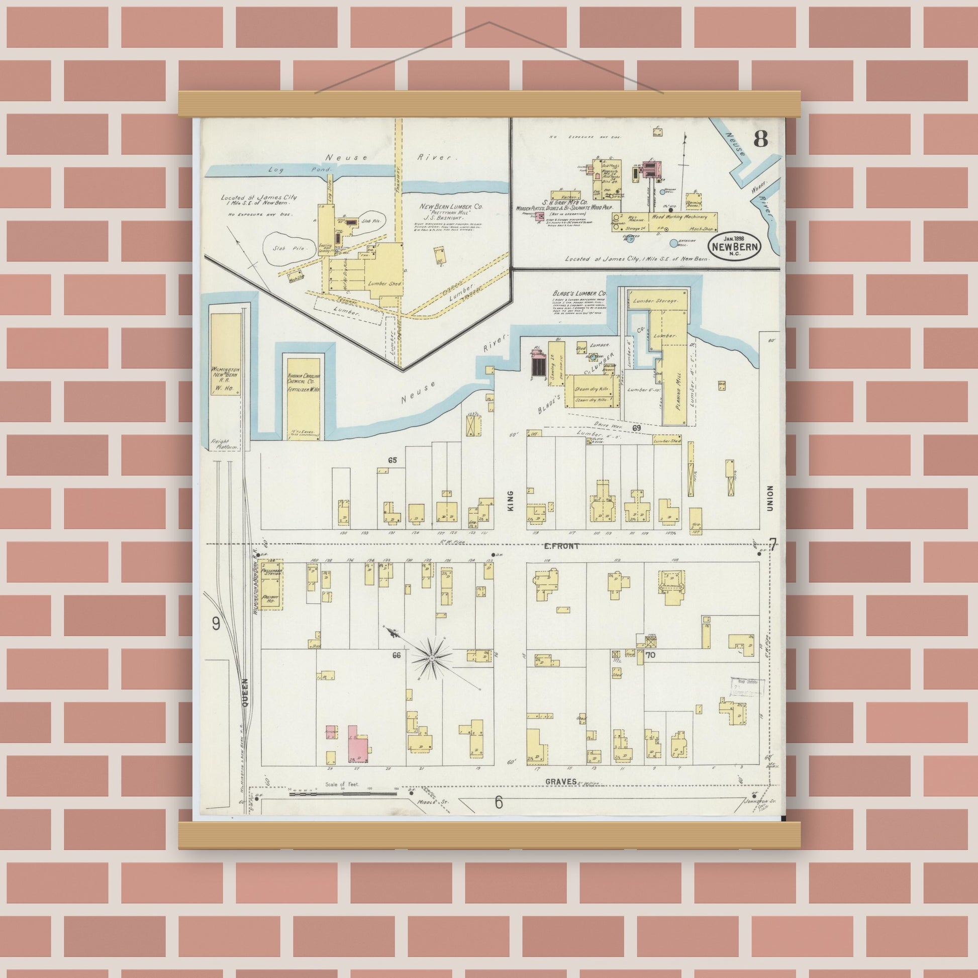 Old map wall art mockup — magnetic wood frame on brick wall — Sanborn Fire Insurance Map from New Bern, Craven County, North Carolina (1898), Sheet #0008