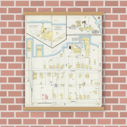 Old map wall art mockup — magnetic wood frame on brick wall — Sanborn Fire Insurance Map from New Bern, Craven County, North Carolina (1898), Sheet #0008