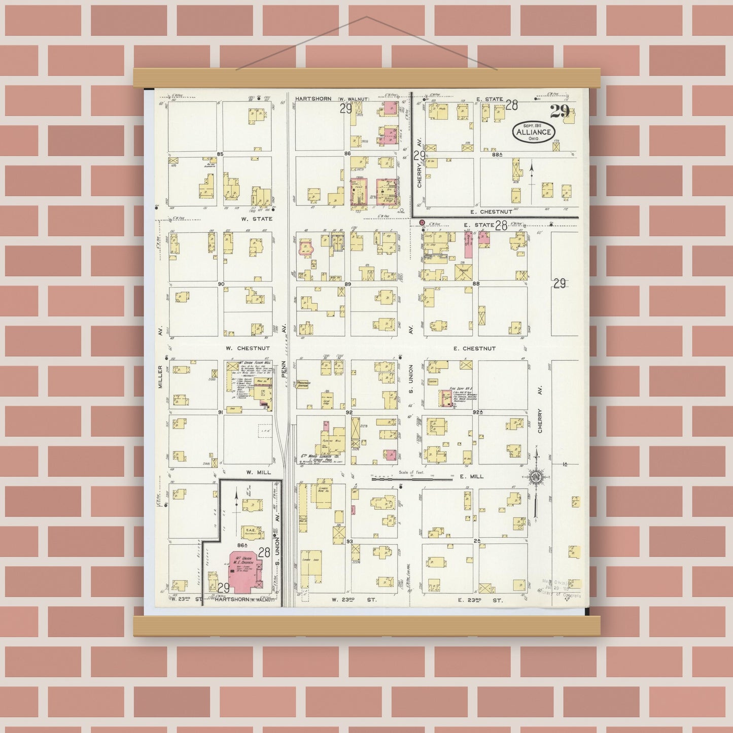 Old map wall art mockup — magnetic wood frame on brick wall — Sanborn Fire Insurance Map from Alliance, Stark County, Ohio (1911), Sheet #0029