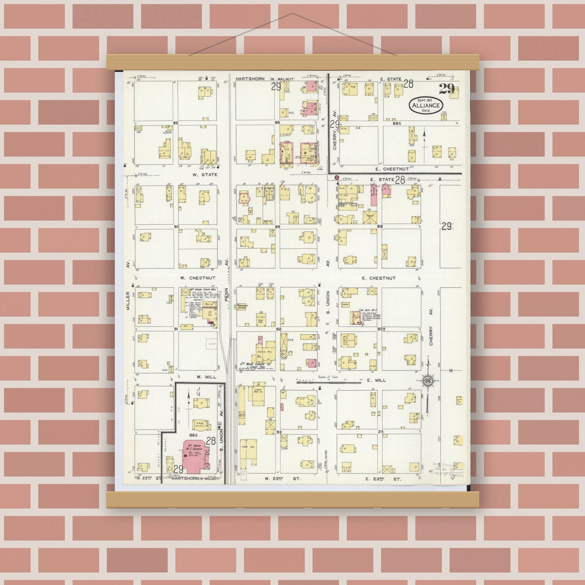 Old map wall art mockup — magnetic wood frame on brick wall — Sanborn Fire Insurance Map from Alliance, Stark County, Ohio (1911), Sheet #0029
