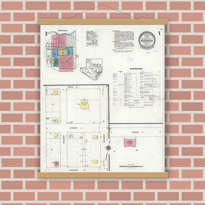 Old map wall art mockup — magnetic wood frame on brick wall — Sanborn Fire Insurance Map from Rosenberg, Fort Bend County, Texas (1926) - Complete Map Set