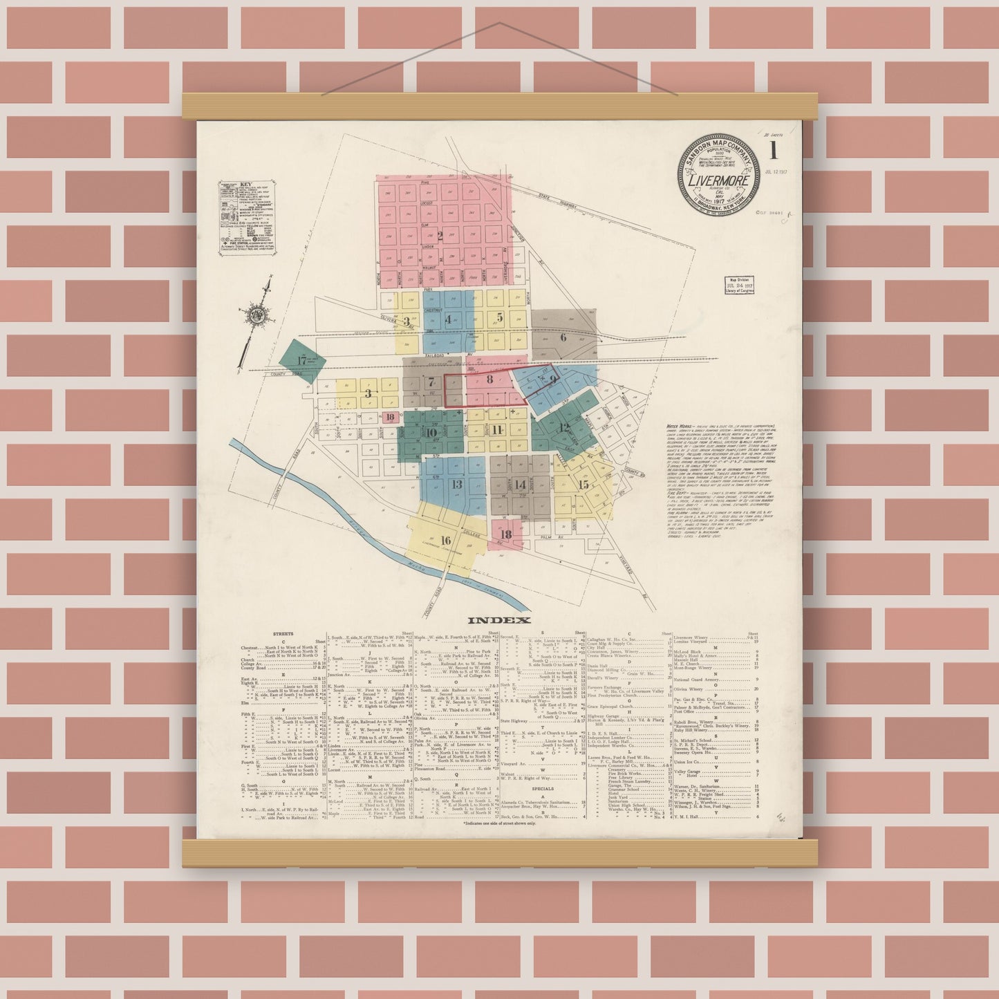 Old map wall art mockup — magnetic wood frame on brick wall — Sanborn Fire Insurance Map from Livermore, Alameda County, California (1917) - Complete Map Set