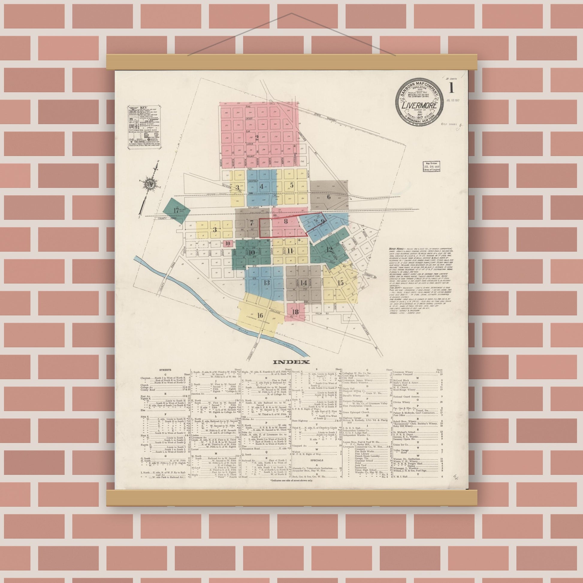 Old map wall art mockup — magnetic wood frame on brick wall — Sanborn Fire Insurance Map from Livermore, Alameda County, California (1917) - Complete Map Set
