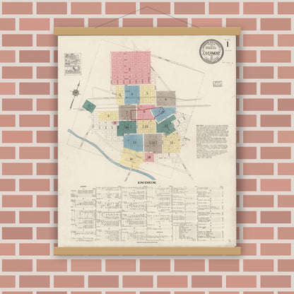 Old map wall art mockup — magnetic wood frame on brick wall — Sanborn Fire Insurance Map from Livermore, Alameda County, California (1917) - Complete Map Set
