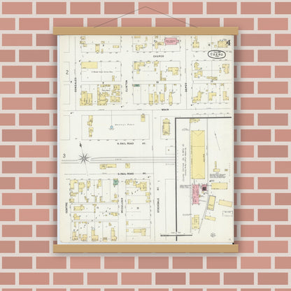 Old map wall art mockup — magnetic wood frame on brick wall — Sanborn Fire Insurance Map from Cuero, De Witt County, Texas (1896), Sheet #0004