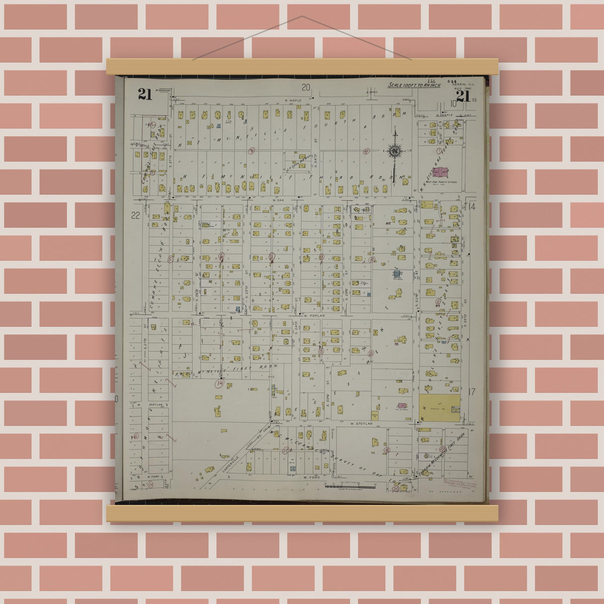 Old map wall art mockup — magnetic wood frame on brick wall — Sanborn Fire Insurance Map from Herrin, Williamson County, Illinois (1947), Sheet #0021