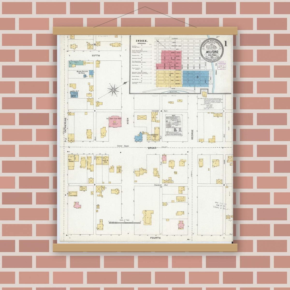 Old map wall art mockup — magnetic wood frame on brick wall — Sanborn Fire Insurance Map from Milford, Pike County, Pennsylvania (1905) - Complete Map Set