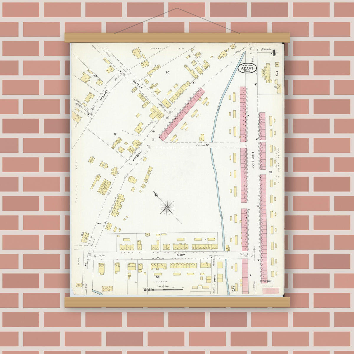 Old map wall art mockup — magnetic wood frame on brick wall — Sanborn Fire Insurance Map from Adams, Berkshire County, Massachusetts (1908), Sheet #0004
