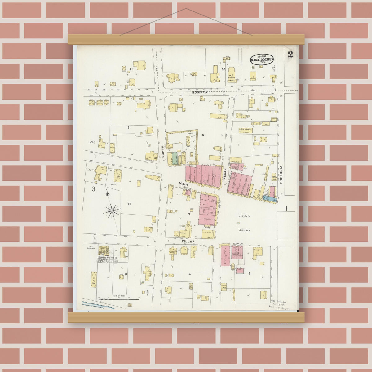 Old map wall art mockup — magnetic wood frame on brick wall — Sanborn Fire Insurance Map from Nacogdoches, Nacogdoches County, Texas (1896), Sheet #0002
