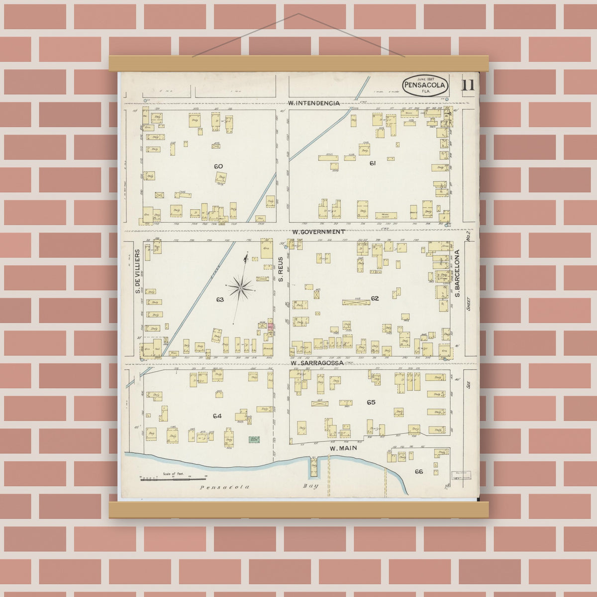 Old map wall art mockup — magnetic wood frame on brick wall — Sanborn Fire Insurance Map from Pensacola, Escambia County, Florida (1887), Sheet #0011