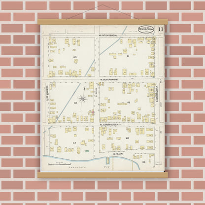 Old map wall art mockup — magnetic wood frame on brick wall — Sanborn Fire Insurance Map from Pensacola, Escambia County, Florida (1887), Sheet #0011