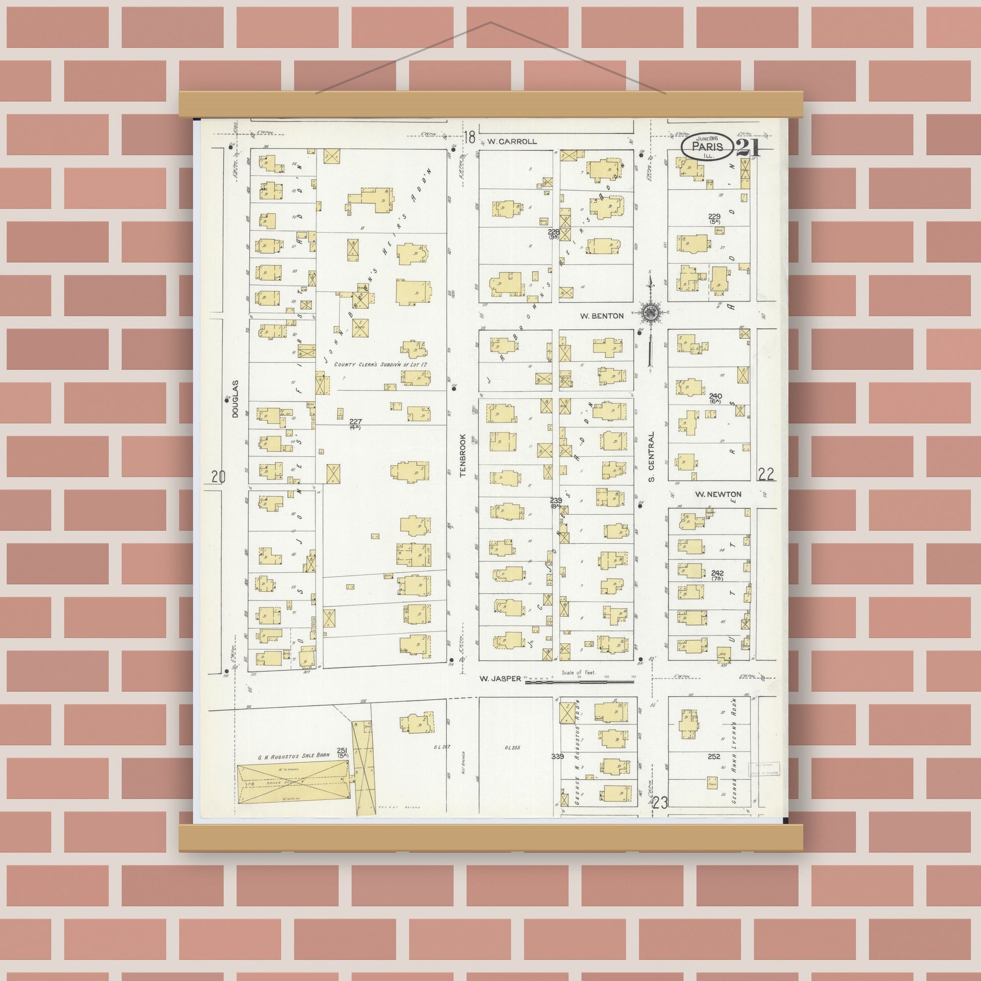 Old map wall art mockup — magnetic wood frame on brick wall — Sanborn Fire Insurance Map from Paris, Edgar County, Illinois (1916), Sheet #0021