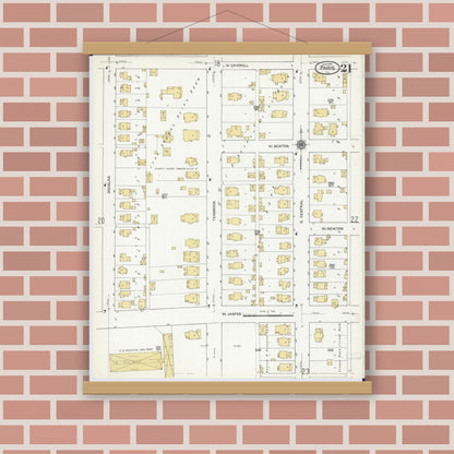 Old map wall art mockup — magnetic wood frame on brick wall — Sanborn Fire Insurance Map from Paris, Edgar County, Illinois (1916), Sheet #0021