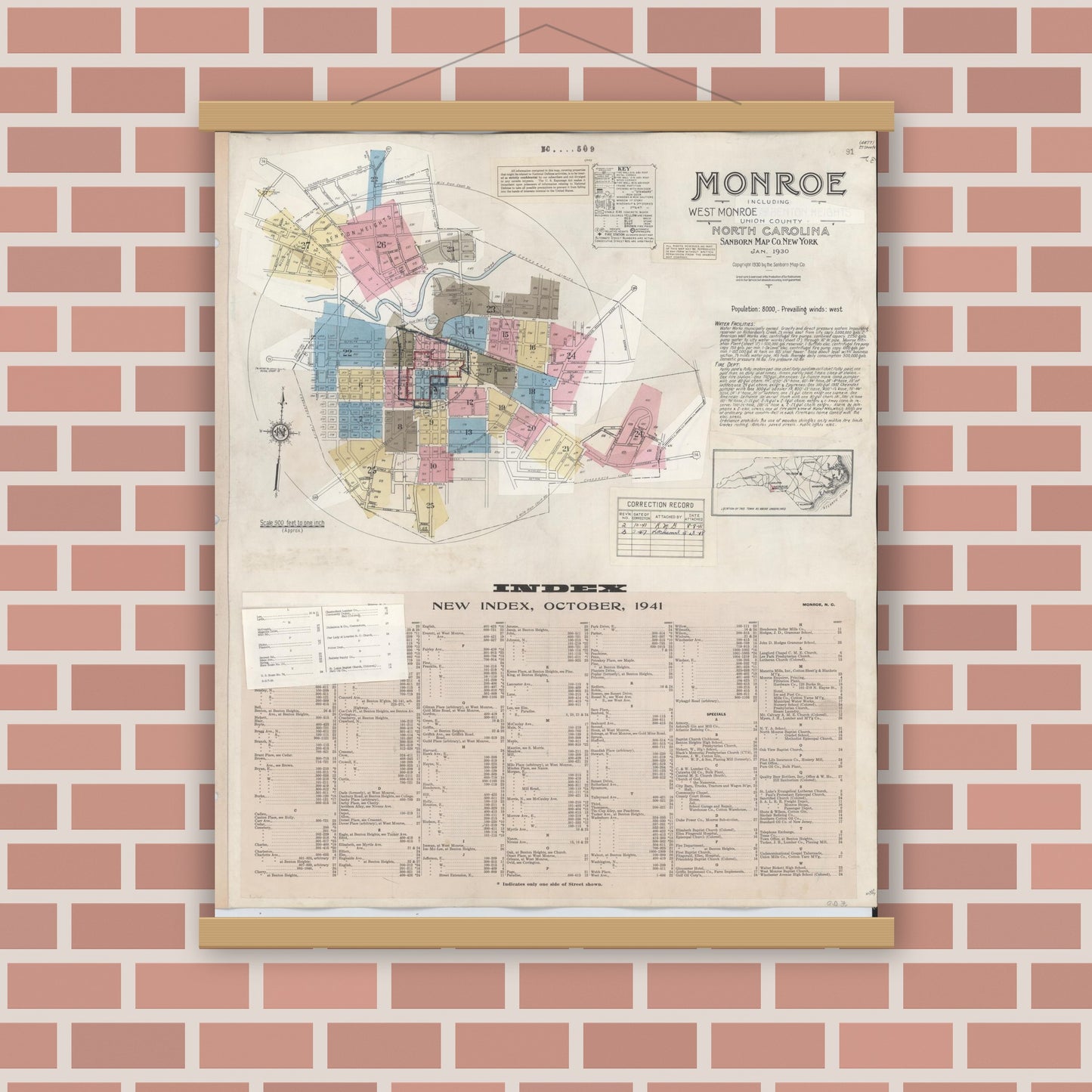 Old map wall art mockup — magnetic wood frame on brick wall — Sanborn Fire Insurance Map from Monroe, Union County, North Carolina (1947), Sheet #0001