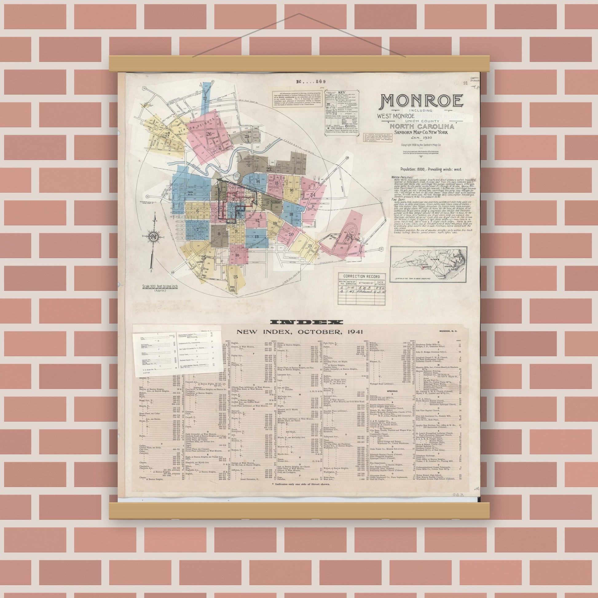 Old map wall art mockup — magnetic wood frame on brick wall — Sanborn Fire Insurance Map from Monroe, Union County, North Carolina (1947), Sheet #0001