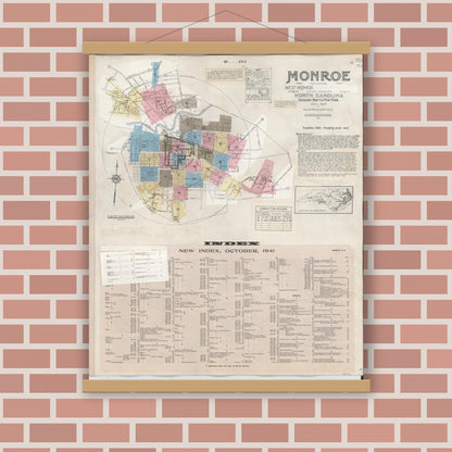 Old map wall art mockup — magnetic wood frame on brick wall — Sanborn Fire Insurance Map from Monroe, Union County, North Carolina (1947), Sheet #0001
